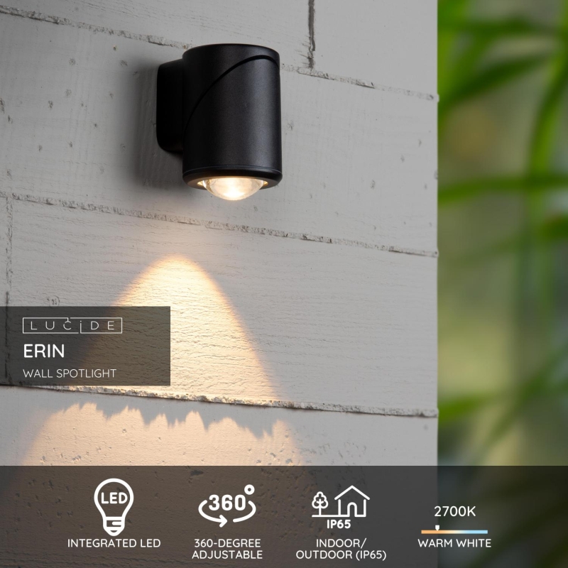 Lucide ERIN - Nástenné bodové svietidlo / Nástenné svietidlo Vnútorné/Vonkajšie - LED - 1x5W 2700K - IP65 - Čierna